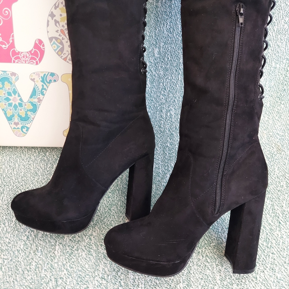 F21 OTK Boots, Womens 8, Rear Lace-up + High Heel + Platform - Picture 8 of 14